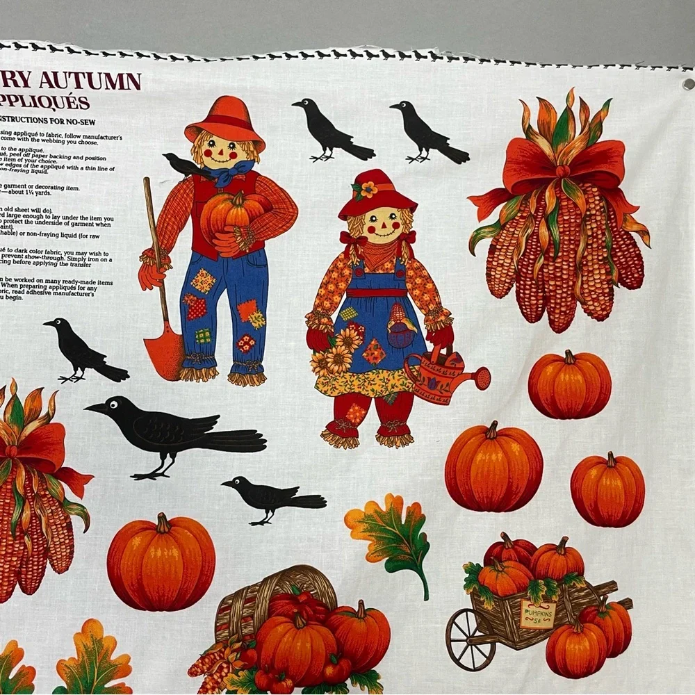 Vintage Autumn Applique No-Sew Crafting Fabric Panel Halloween Thanksgiving #K31